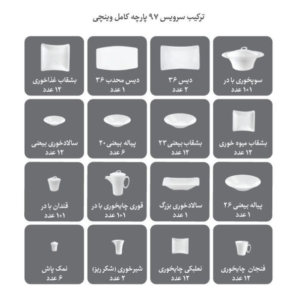 سرویس غذاخوری 97 پارچه چینی زرین ایران سری وینچی الیسه طرح رویال پلاتینی