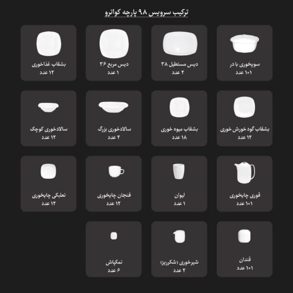 سرویس غذاخوری 98 پارچه چینی زرین ایران سری کواترو طرح مریدین رزگلد