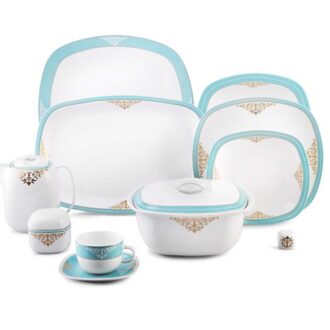 سرویس غذاخوری 98 پارچه چینی زرین ایران سری کواترو طرح آرمیتاژ فیروزه ای