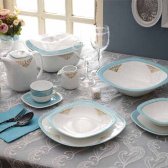 سرویس غذاخوری 98 پارچه چینی زرین ایران سری کواترو طرح آرمیتاژ فیروزه ای