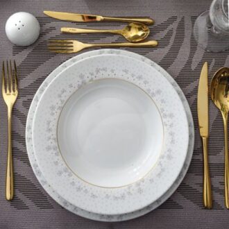 سرویس غذاخوری 28 پارچه چینی زرین ایران سری ایتالیااف طرح برایدال سفید