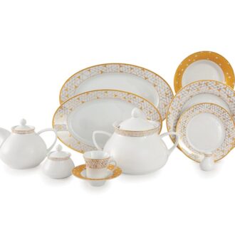 سرویس غذاخوری 108 پارچه چینی زرین ایران سری شهرزاد طرح ژئومتریکال طلایی