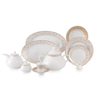 سرویس غذاخوری 108 پارچه چینی زرین ایران سری شهرزاد طرح ژئومتریکال نقره ای