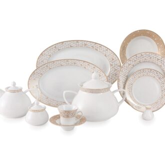 سرویس غذاخوری 108 پارچه چینی زرین ایران سری شهرزاد طرح ژئومتریکال نقره ای