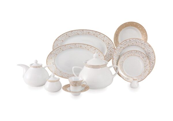 سرویس غذاخوری 108 پارچه چینی زرین ایران سری شهرزاد طرح ژئومتریکال نقره ای