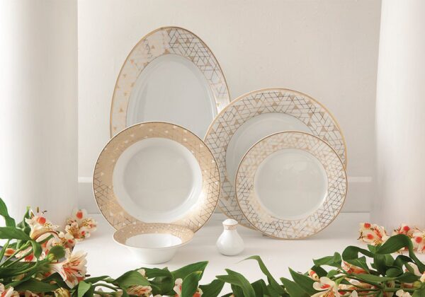 سرویس غذاخوری 108 پارچه چینی زرین ایران سری شهرزاد طرح ژئومتریکال نقره ای