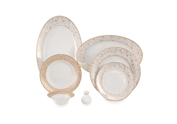 سرویس غذاخوری 108 پارچه چینی زرین ایران سری شهرزاد طرح ژئومتریکال نقره ای