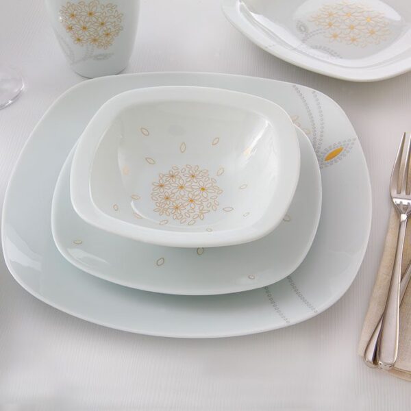 سرویس غذاخوری 98 پارچه چینی زرین ایران سری کواترو طرح گلدن لوتوس