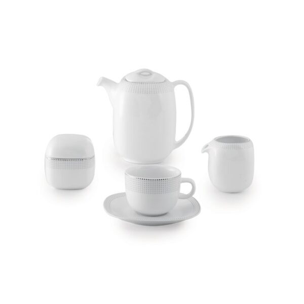 سرویس غذاخوری 98 پارچه چینی زرین ایران سری کواترو طرح لورن پلاتینی