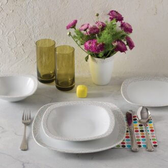 سرویس غذاخوری 27 پارچه چینی زرین ایران سری کواترو طرح ماتریکس