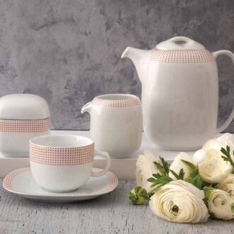 سرویس غذاخوری 98 پارچه چینی زرین ایران سری کواترو طرح مریدین رزگلد