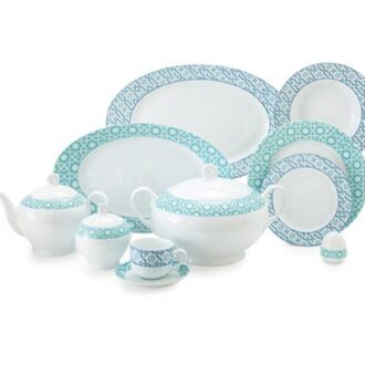 سرویس غذاخوری 102پارچه چینی زرین ایران سری ایتالیااف طرح میبد سرمه ای فیروزه ای