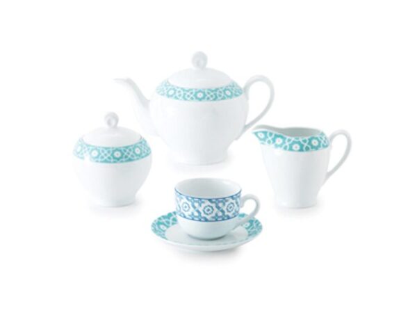 سرویس غذاخوری 102پارچه چینی زرین ایران سری ایتالیااف طرح میبد سرمه ای فیروزه ای