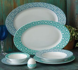 سرویس غذاخوری 28 پارچه چینی زرین ایران سری ایتالیااف طرح میبد سرمه ای فیروزه ای