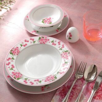 سرویس غذاخوری 28 پارچه چینی زرین ایران سری ایتالیااف طرح یاس صورتی