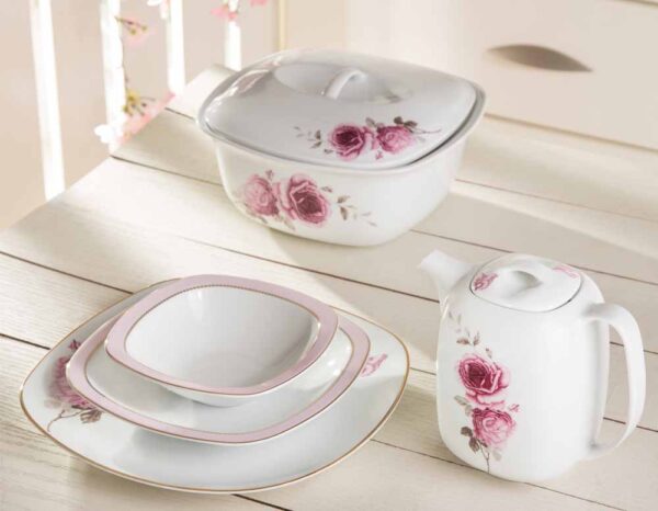 سرویس غذاخوری 98 پارچه چینی زرین ایران سری کواترو طرح رزفلاور