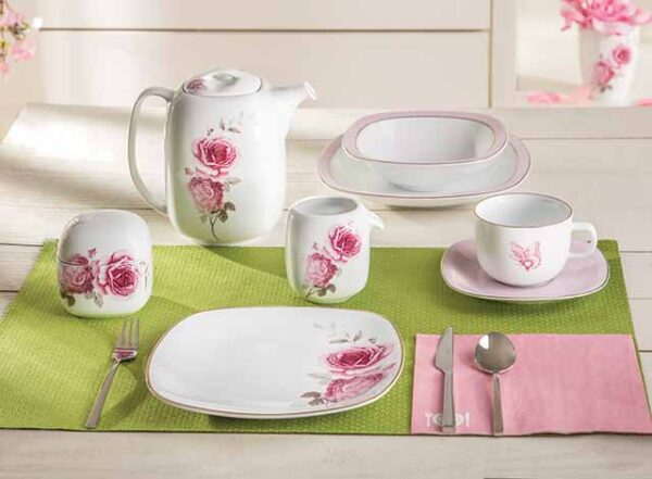 سرویس غذاخوری 98 پارچه چینی زرین ایران سری کواترو طرح رزفلاور