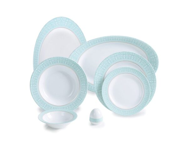 سرویس غذاخوری 28 پارچه چینی زرین ایران سری ایتالیااف طرح سپیدصدف فیروزه ای