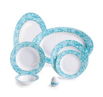 سرویس غذاخوری 28 پارچه چینی زرین ایران سری ایتالیااف طرح سروین فیروزه ای