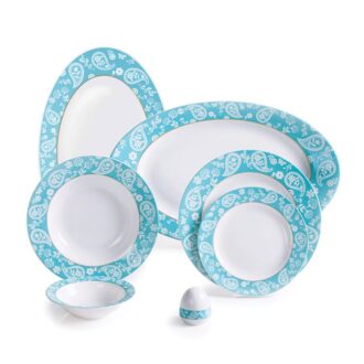 سرویس غذاخوری 28 پارچه چینی زرین ایران سری ایتالیااف طرح سروین فیروزه ای