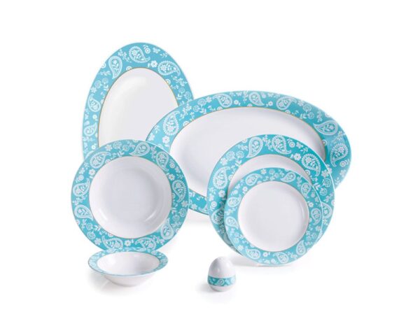 سرویس غذاخوری 28 پارچه چینی زرین ایران سری ایتالیااف طرح سروین فیروزه ای