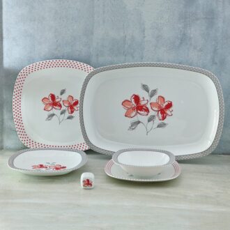 سرویس غذاخوری 27 پارچه چینی زرین ایران سری کواترو طرح والنسیا قرمز