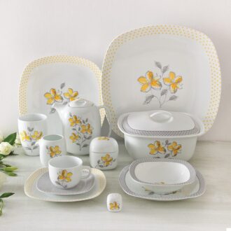 سرویس غذاخوری 98 پارچه چینی زرین ایران سری کواترو طرح والنسیا زرد