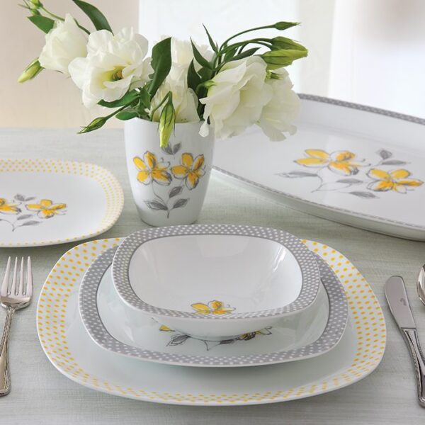 سرویس غذاخوری 98 پارچه چینی زرین ایران سری کواترو طرح والنسیا زرد