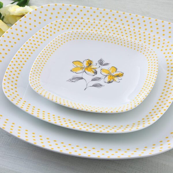سرویس غذاخوری 98 پارچه چینی زرین ایران سری کواترو طرح والنسیا زرد